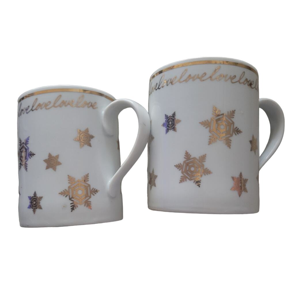 Russ Berrie Snowflake Love Cups Mug Gold Color Trim Christmas Holiday Set of Two